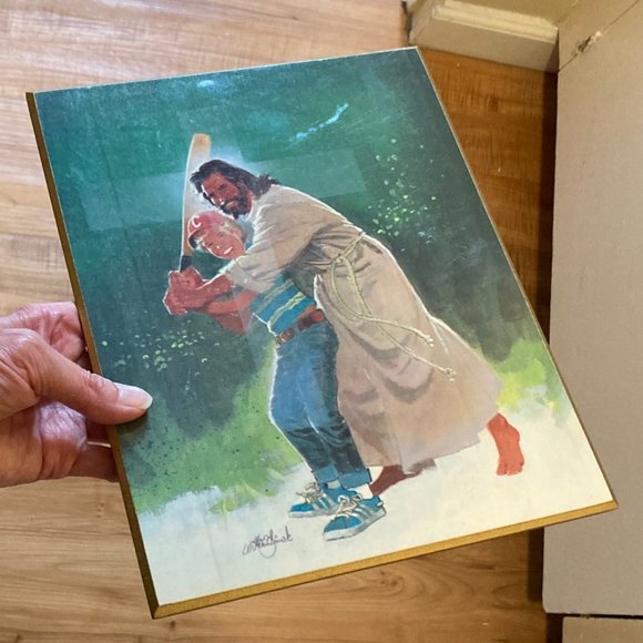 Jesus Baseball cross wall decor hard back gold trim - Picture 5 of 7